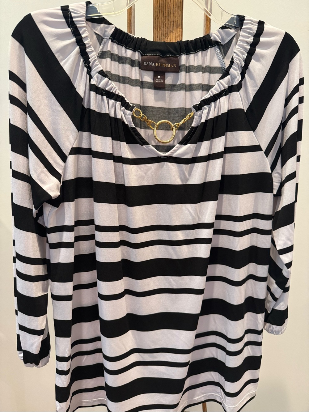 Dana Buchman Black and White Striped Chain-Accent Top
